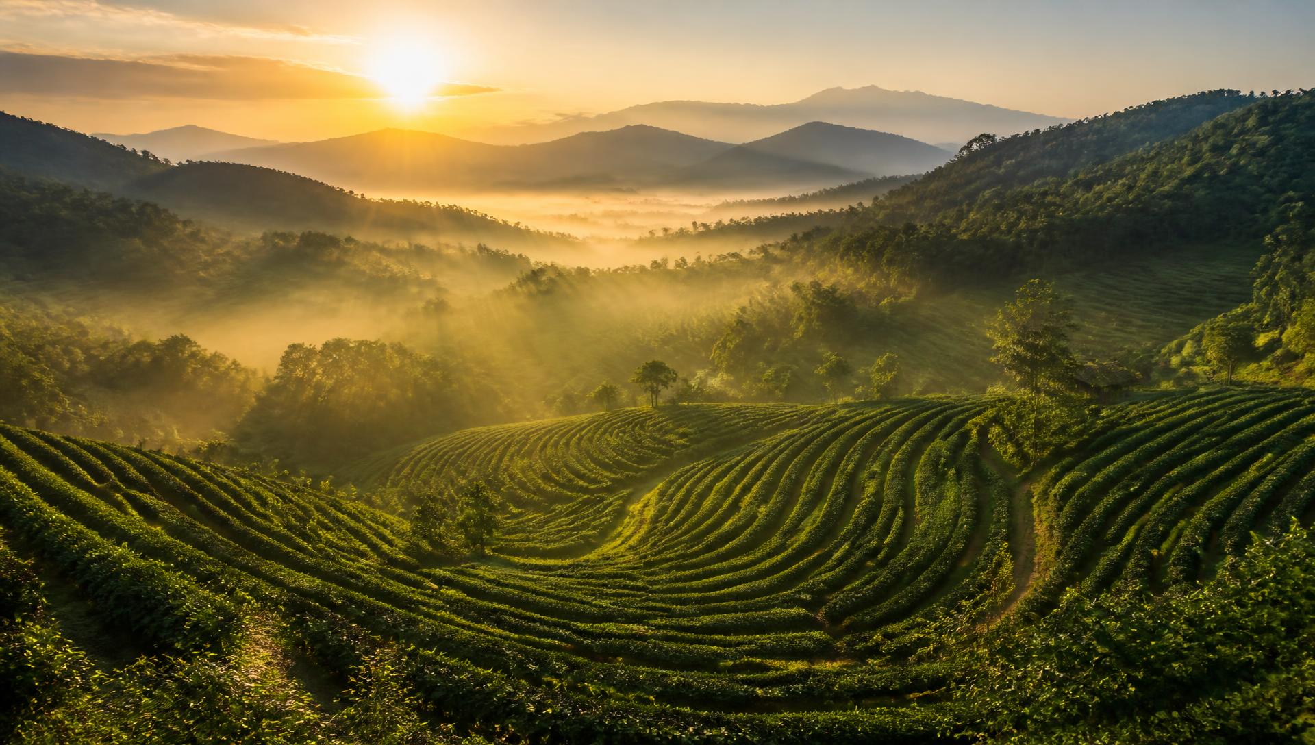 Terraced farmland at sunrise